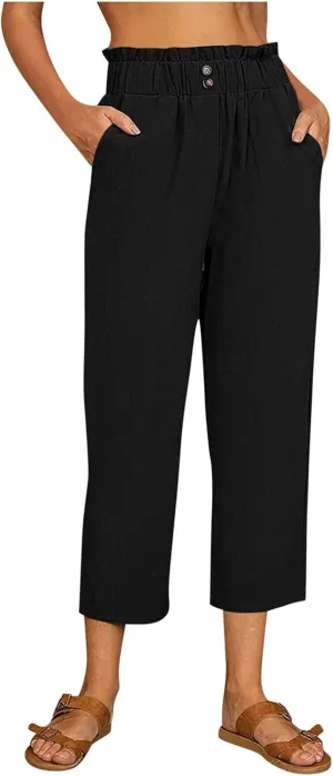Women's Linen Summer Y2K Fashion Pants Elastic Waisted Ankle Length Slim Fit Trousers Beach