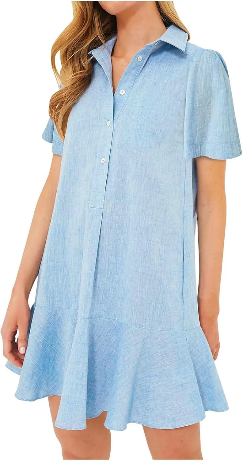 Womens Mini Dress Short Sleeve Button Neck T-Shirts Dress Solid Color Ruffle Hem Flowy Casual Trendy Summer Dress