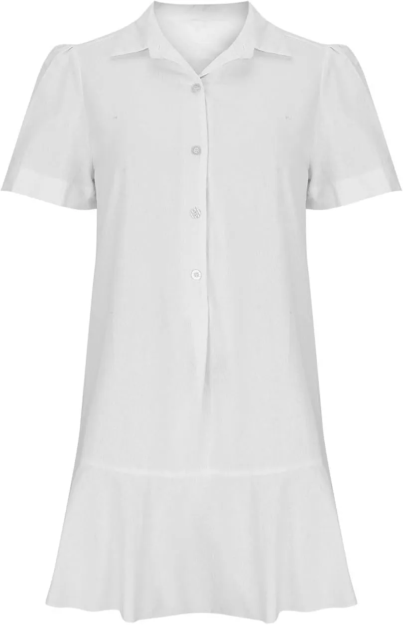 Womens Mini Dress Short Sleeve Button Neck T-Shirts Dress Solid Color Ruffle Hem Flowy Casual Trendy Summer Dress