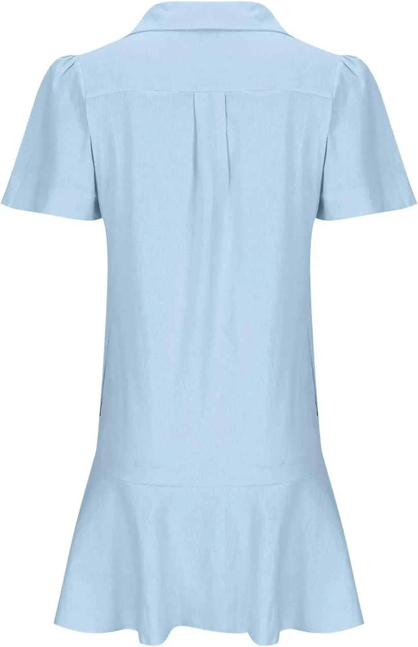 Womens Mini Dress Short Sleeve Button Neck T-Shirts Dress Solid Color Ruffle Hem Flowy Casual Trendy Summer Dress