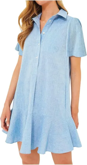 Womens Mini Dress Short Sleeve Button Neck T-Shirts Dress Solid Color Ruffle Hem Flowy Casual Trendy Summer Dress