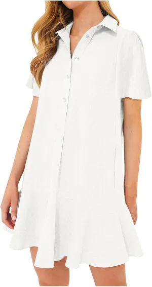 Womens Mini Dress Short Sleeve Button Neck T-Shirts Dress Solid Color Ruffle Hem Flowy Casual Trendy Summer Dress