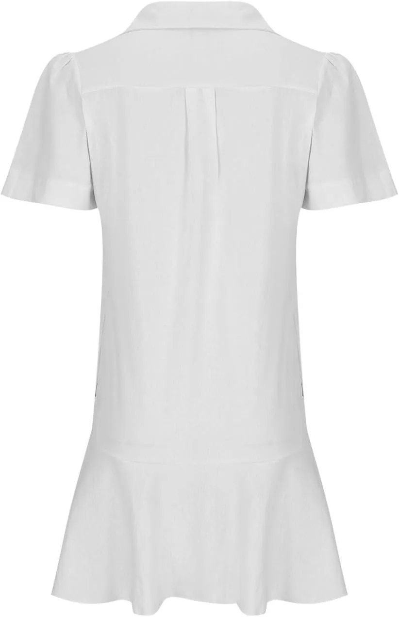 Womens Mini Dress Short Sleeve Button Neck T-Shirts Dress Solid Color Ruffle Hem Flowy Casual Trendy Summer Dress