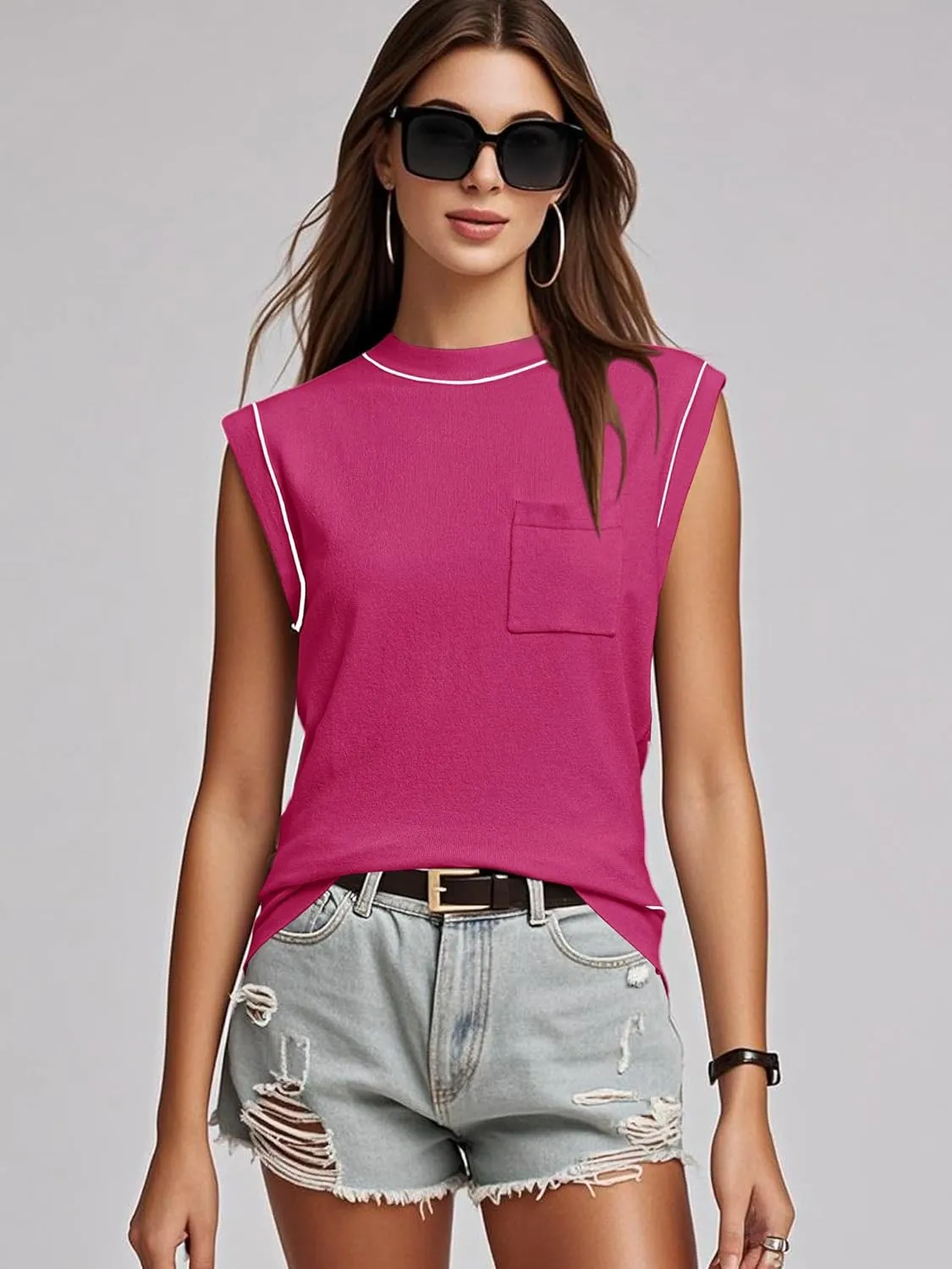 Women's Mock Neck Sleeveless Sweater Vest Casual Cap Sleeve Knit Pullover Tank Tops 2025 Summer Outfits