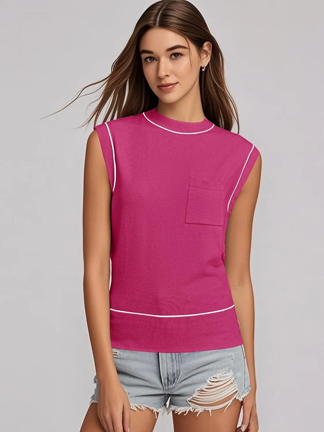 Women's Mock Neck Sleeveless Sweater Vest Casual Cap Sleeve Knit Pullover Tank Tops 2025 Summer Outfits