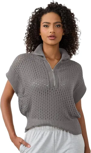 Womens Oversized Crochet Zip Sweater Vest Cap Sleeve Sweater Tops Casual Lapel Collar See Through Hollow Out Knit Top