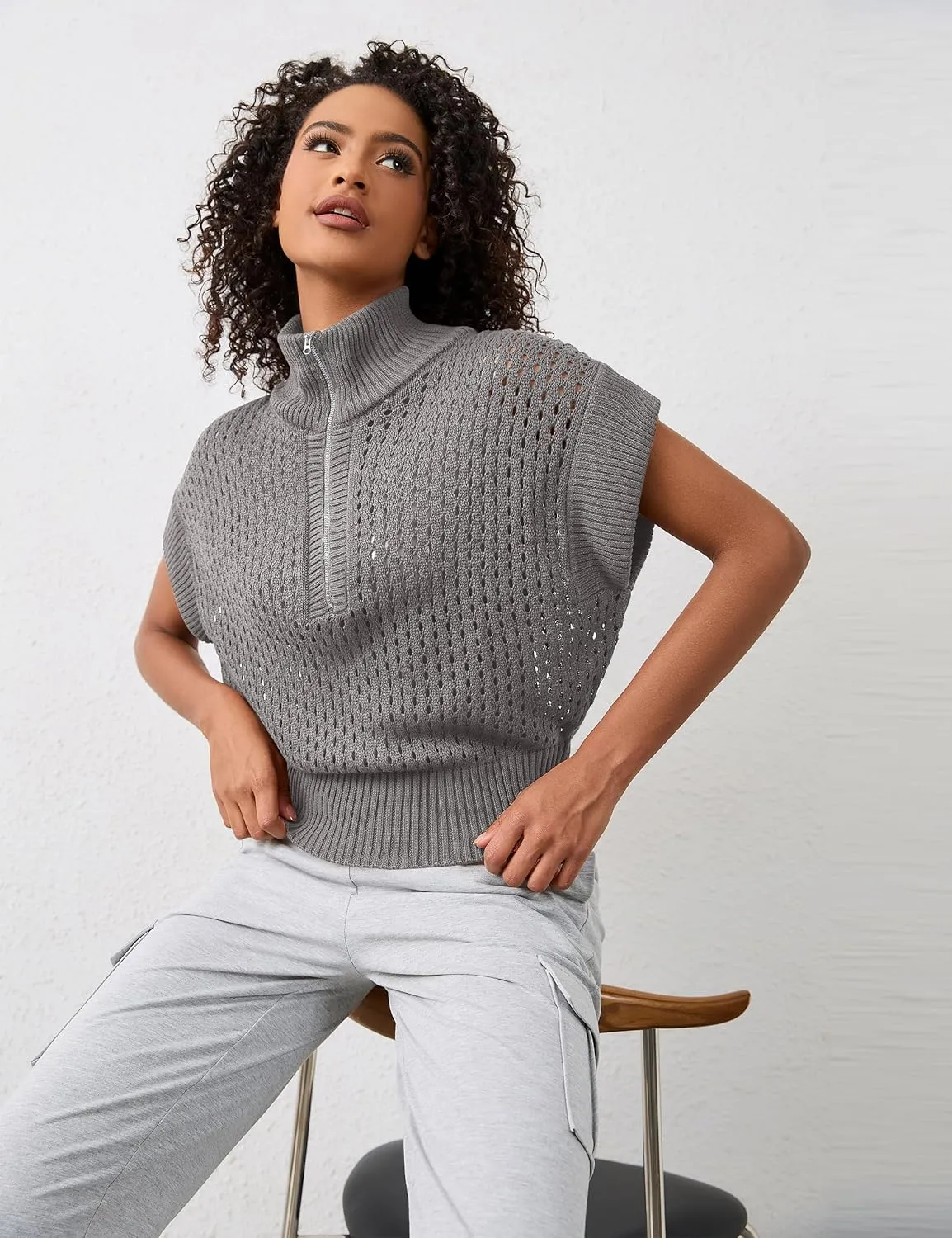 Womens Oversized Crochet Zip Sweater Vest Cap Sleeve Sweater Tops Casual Lapel Collar See Through Hollow Out Knit Top