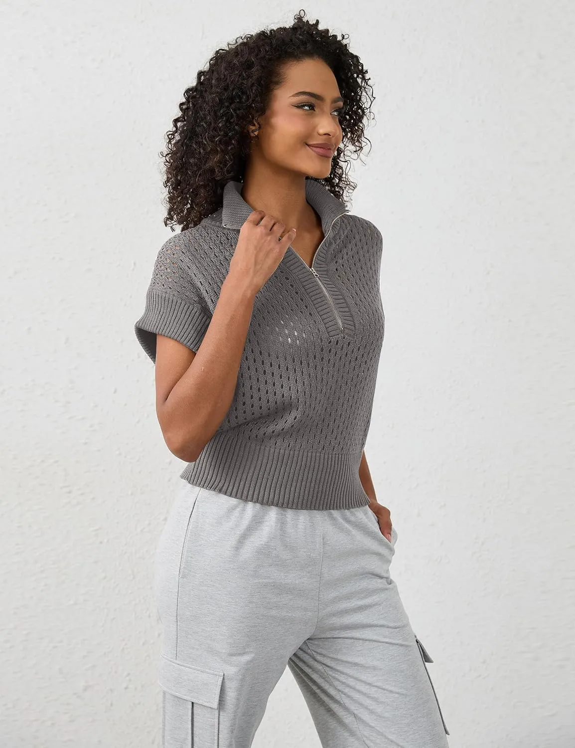Womens Oversized Crochet Zip Sweater Vest Cap Sleeve Sweater Tops Casual Lapel Collar See Through Hollow Out Knit Top