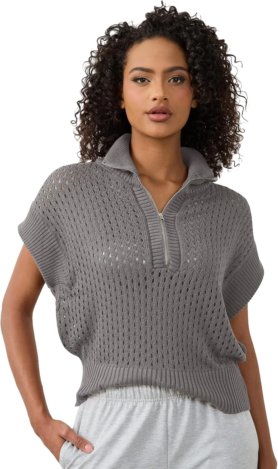 Womens Oversized Crochet Zip Sweater Vest Cap Sleeve Sweater Tops Casual Lapel Collar See Through Hollow Out Knit Top