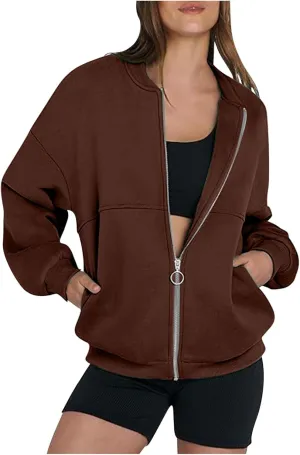 Womens Oversized Sweatshirts Hoodies Zip Up Pullover Fall Cool Outfits Crew Neck Simple Elegant Winter Jack Coat