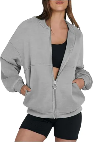 Womens Oversized Sweatshirts Hoodies Zip Up Pullover Fall Cool Outfits Crew Neck Simple Elegant Winter Jack Coat
