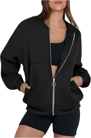 Womens Oversized Sweatshirts Hoodies Zip Up Pullover Fall Cool Outfits Crew Neck Simple Elegant Winter Jack Coat