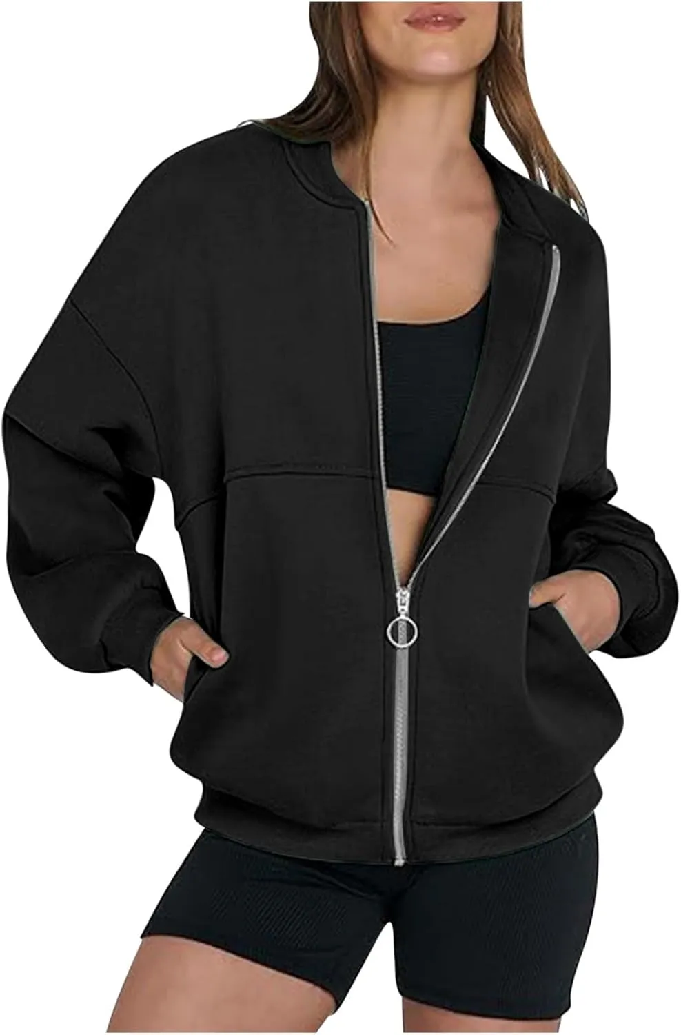 Womens Oversized Sweatshirts Hoodies Zip Up Pullover Fall Cool Outfits Crew Neck Simple Elegant Winter Jack Coat