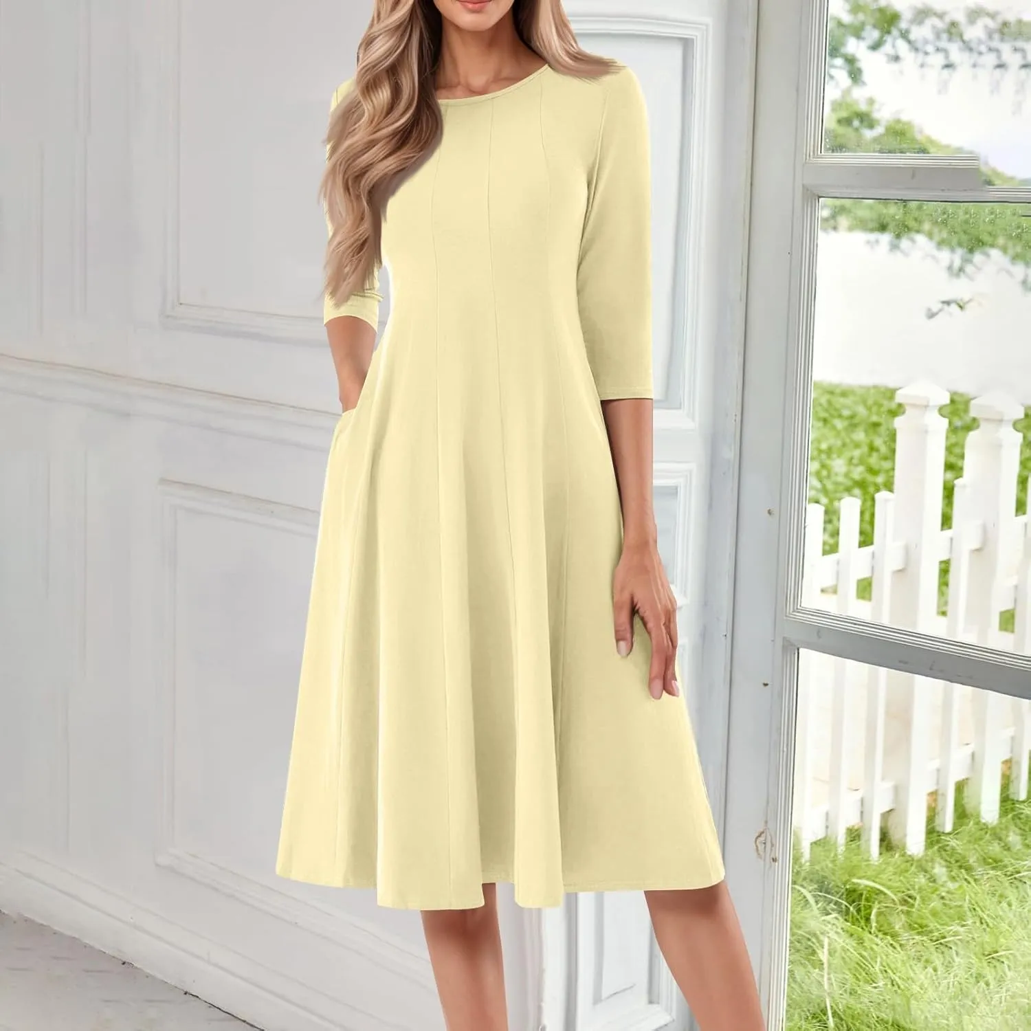 Women's Summer Dresses 2025 Casual Loose Trendy Crew Neck 3/4 Sleeve Solid Midi Dress Plus Size, S-3XL