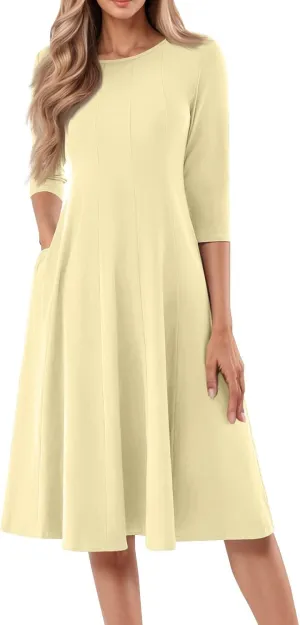 Women's Summer Dresses 2025 Casual Loose Trendy Crew Neck 3/4 Sleeve Solid Midi Dress Plus Size, S-3XL