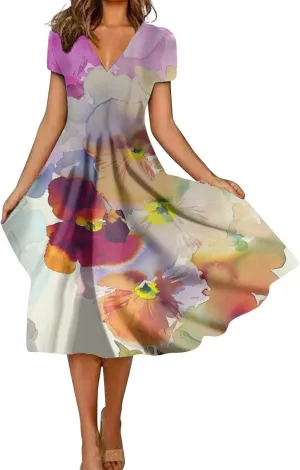 Womens Summer Wrap Maxi Dress Boho Floral V Neck Short Sleeve Long Dress Cute Ruffle Hem High Waist A-Line Dress