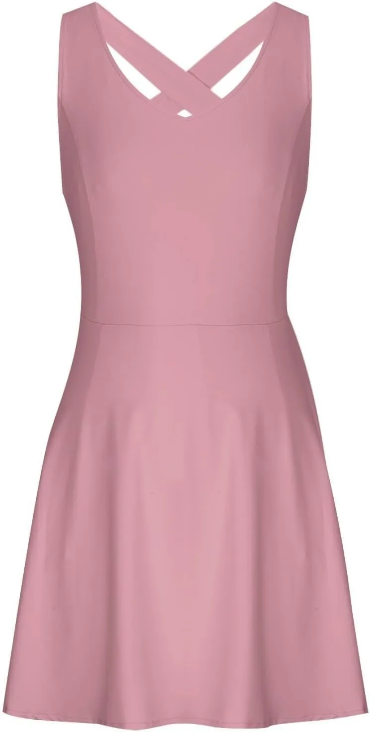 Womens Tennis Dress with Built in Shorts Backless V Neck Stretch Mini Skirt Sleeveless Golf Pocket Athletic Dresses