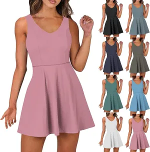 Womens Tennis Dress with Built in Shorts Backless V Neck Stretch Mini Skirt Sleeveless Golf Pocket Athletic Dresses