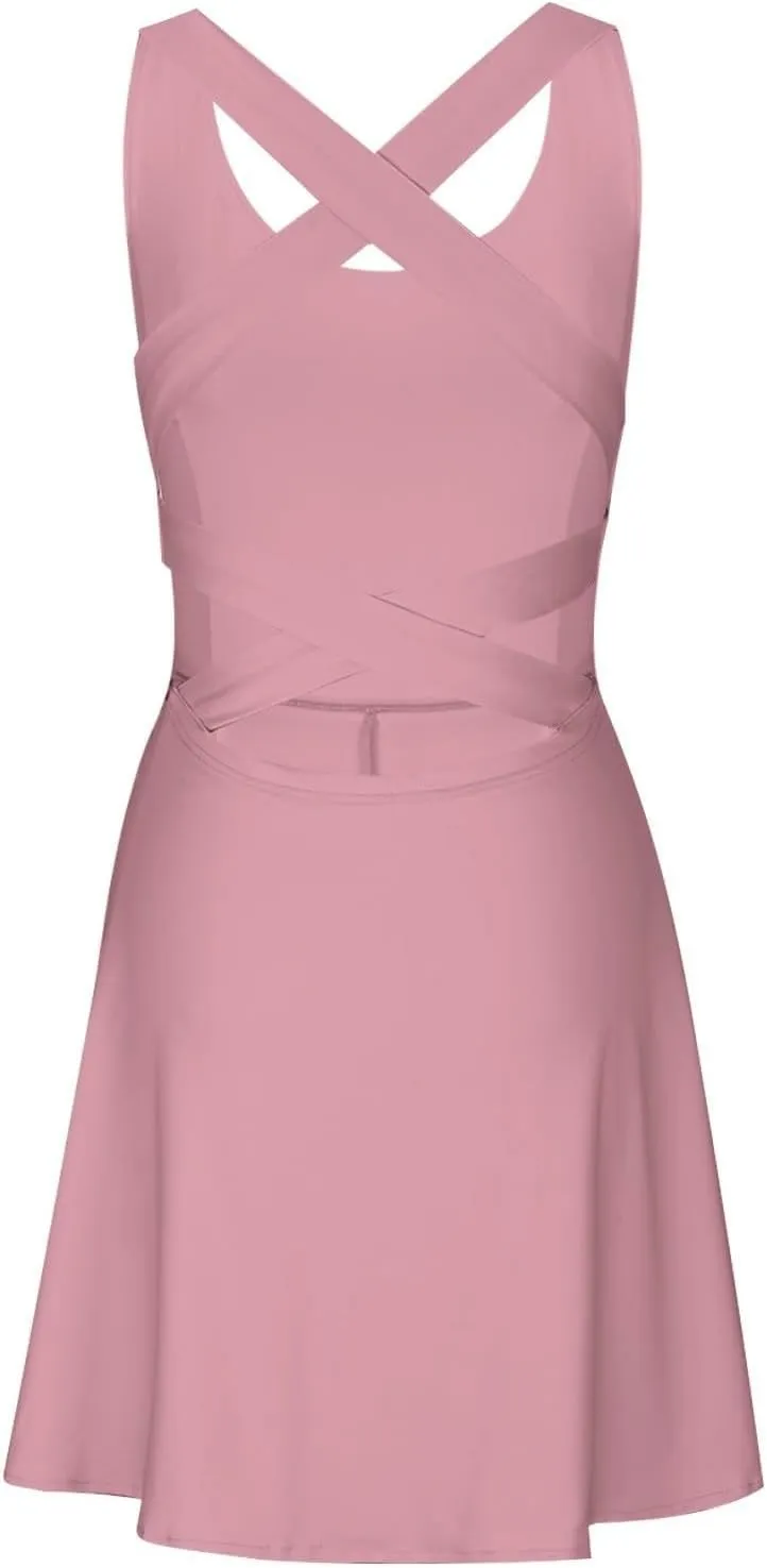 Womens Tennis Dress with Built in Shorts Backless V Neck Stretch Mini Skirt Sleeveless Golf Pocket Athletic Dresses