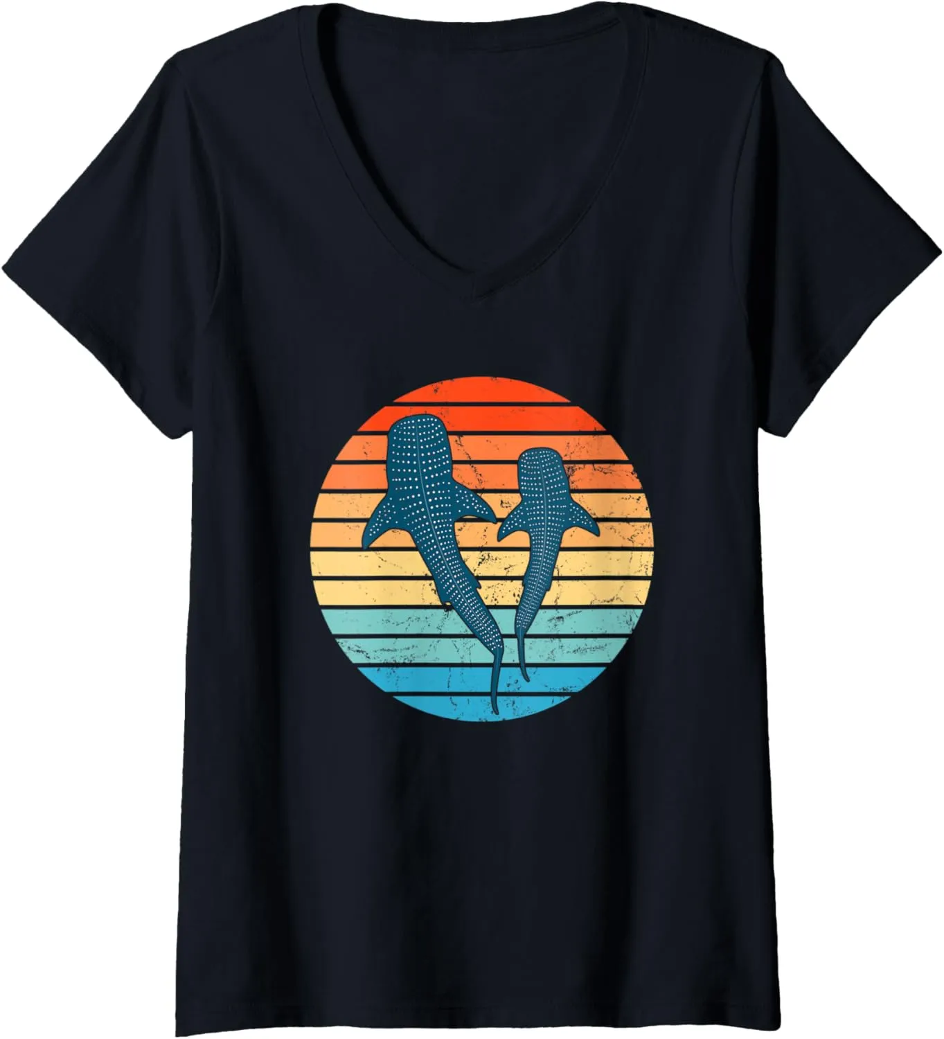 Womens Whale Shark Vintage Sunset V-Neck T-Shirt