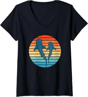 Womens Whale Shark Vintage Sunset V-Neck T-Shirt