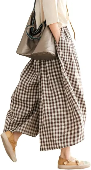 Womens Wide Leg Elastic Waist Cotton Linen Pants Summer Casual Plaid Flowy Baggy Capri Palazzo Pants with Pockets