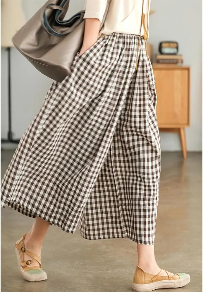 Womens Wide Leg Elastic Waist Cotton Linen Pants Summer Casual Plaid Flowy Baggy Capri Palazzo Pants with Pockets