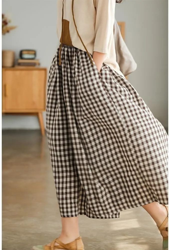 Womens Wide Leg Elastic Waist Cotton Linen Pants Summer Casual Plaid Flowy Baggy Capri Palazzo Pants with Pockets