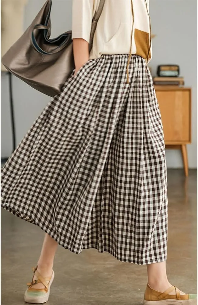 Womens Wide Leg Elastic Waist Cotton Linen Pants Summer Casual Plaid Flowy Baggy Capri Palazzo Pants with Pockets