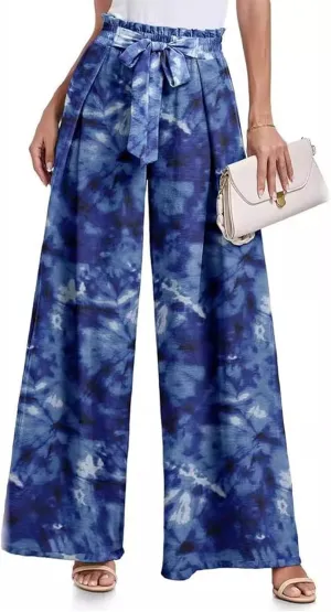 Women's Wide Leg Pants High Waist Adjustable Knot Loose Casual Flowy Tie Knot Business Work Trousers with Pockets