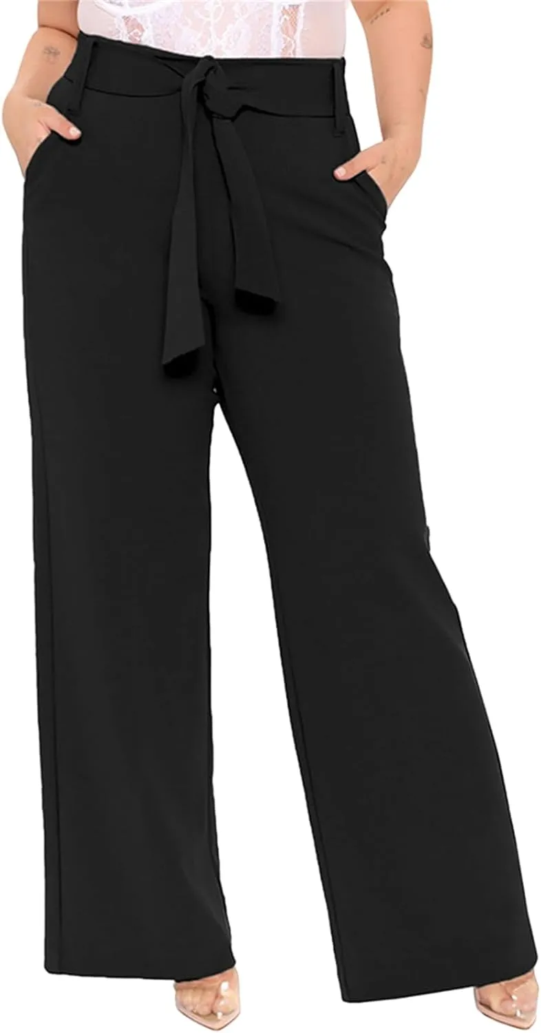 Women's Wide Leg Pants with Pockets High Waist Adjustable Knot Loose Casual Trousers Business Work Comfy Soft Pants