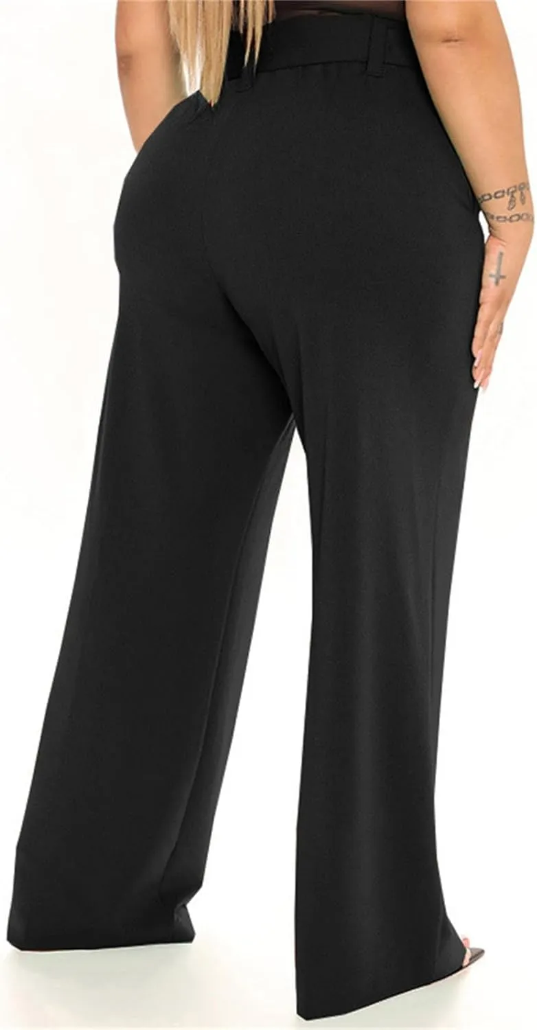 Women's Wide Leg Pants with Pockets High Waist Adjustable Knot Loose Casual Trousers Business Work Comfy Soft Pants