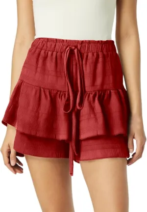 Womens Wide Leg Shorts Elastic High Waisted Pleated Ruffle Mini Skirts Adjustable Drawstring Flowy Shorts Skorts