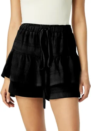 Womens Wide Leg Shorts Elastic High Waisted Pleated Ruffle Mini Skirts Adjustable Drawstring Flowy Shorts Skorts