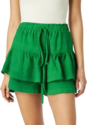 Womens Wide Leg Shorts Elastic High Waisted Pleated Ruffle Mini Skirts Adjustable Drawstring Flowy Shorts Skorts