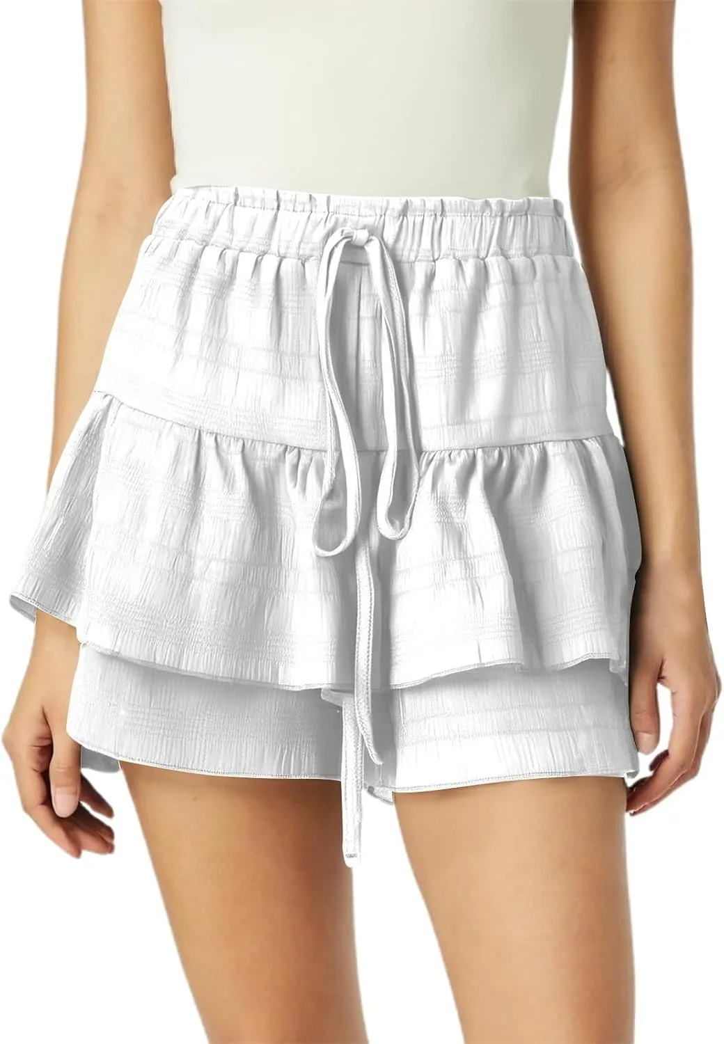 Womens Wide Leg Shorts Elastic High Waisted Pleated Ruffle Mini Skirts Adjustable Drawstring Flowy Shorts Skorts