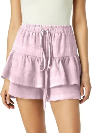 Womens Wide Leg Shorts Elastic High Waisted Pleated Ruffle Mini Skirts Adjustable Drawstring Flowy Shorts Skorts