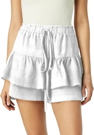 Womens Wide Leg Shorts Elastic High Waisted Pleated Ruffle Mini Skirts Adjustable Drawstring Flowy Shorts Skorts