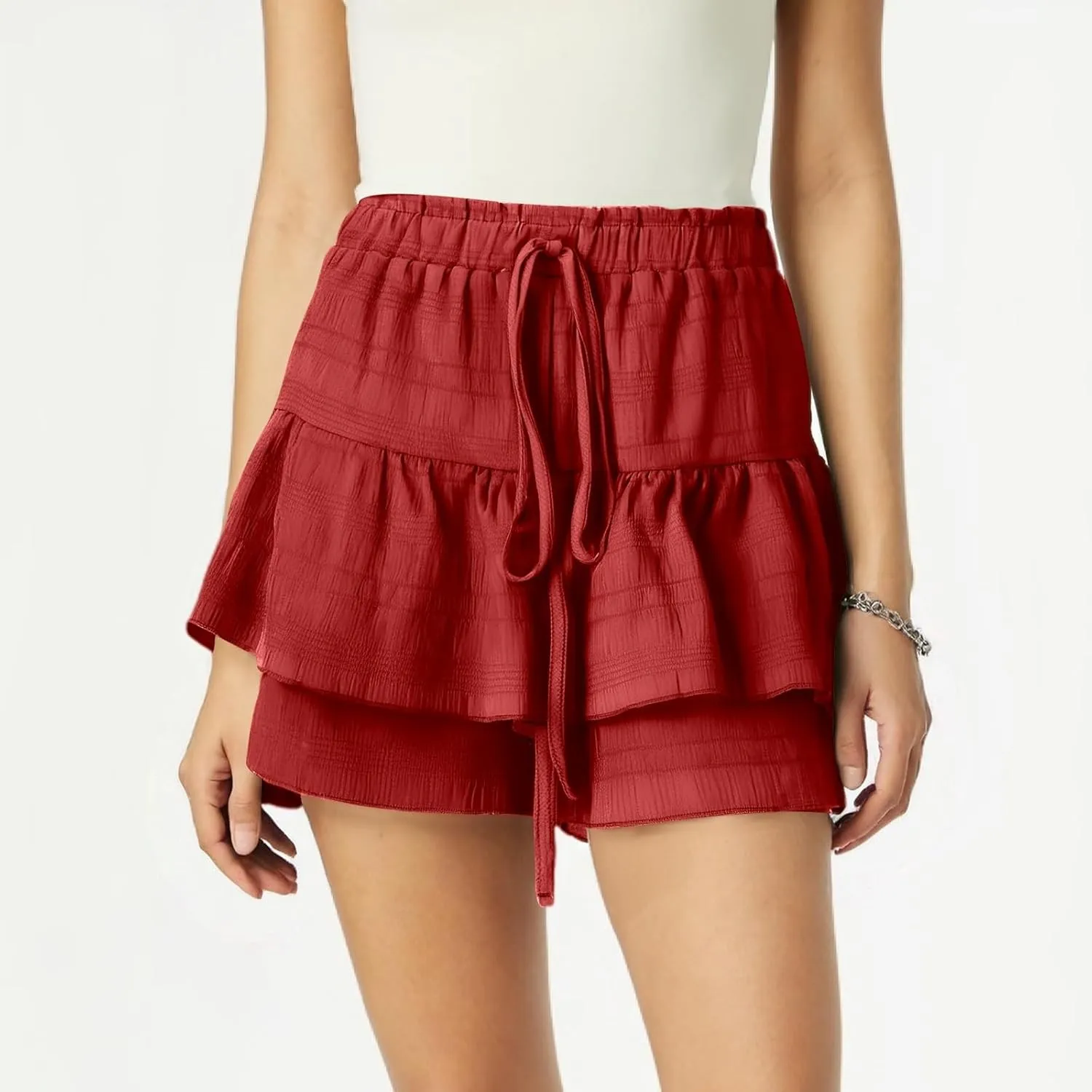 Womens Wide Leg Shorts Elastic High Waisted Pleated Ruffle Mini Skirts Adjustable Drawstring Flowy Shorts Skorts