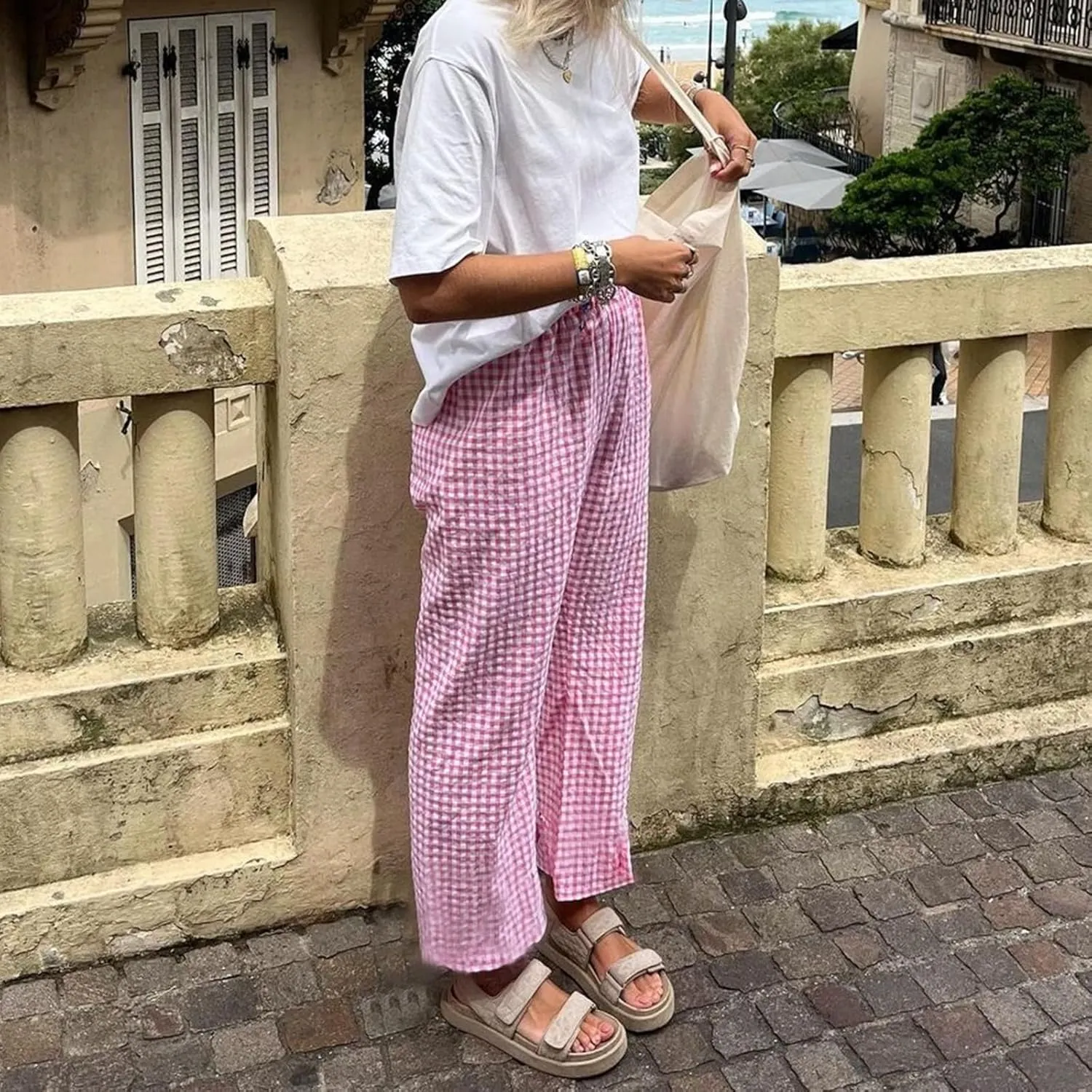 Women's Wide Leg Trousers Plaid Elastic High Waist Straight Leg Trousers for Daily Wear Long Pant Y2k Streetwear