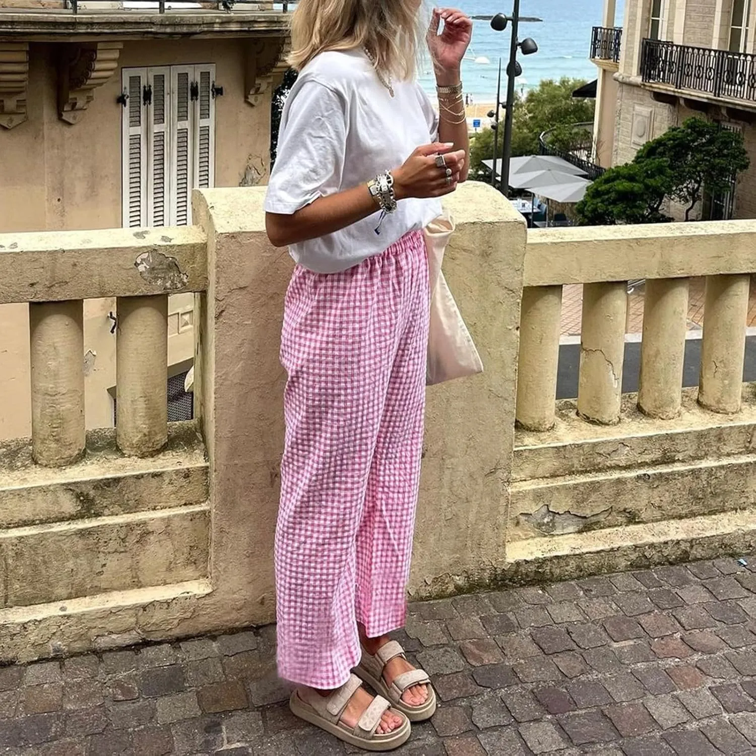 Women's Wide Leg Trousers Plaid Elastic High Waist Straight Leg Trousers for Daily Wear Long Pant Y2k Streetwear