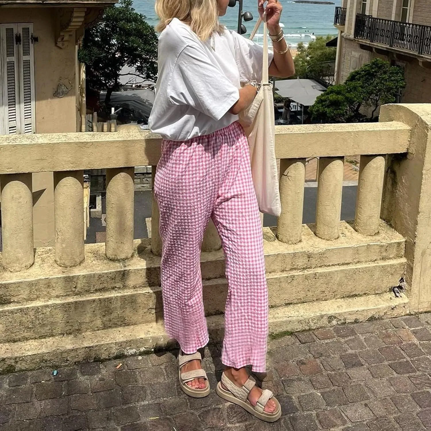 Women's Wide Leg Trousers Plaid Elastic High Waist Straight Leg Trousers for Daily Wear Long Pant Y2k Streetwear