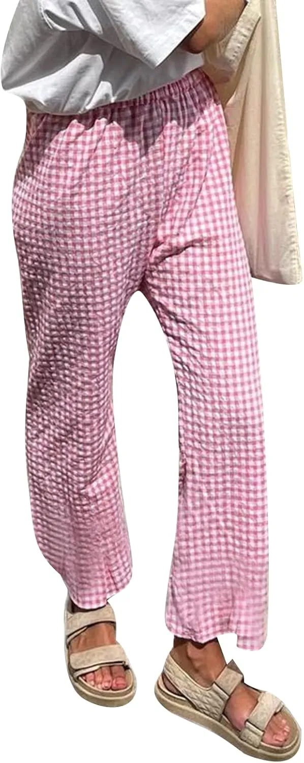 Women's Wide Leg Trousers Plaid Elastic High Waist Straight Leg Trousers for Daily Wear Long Pant Y2k Streetwear