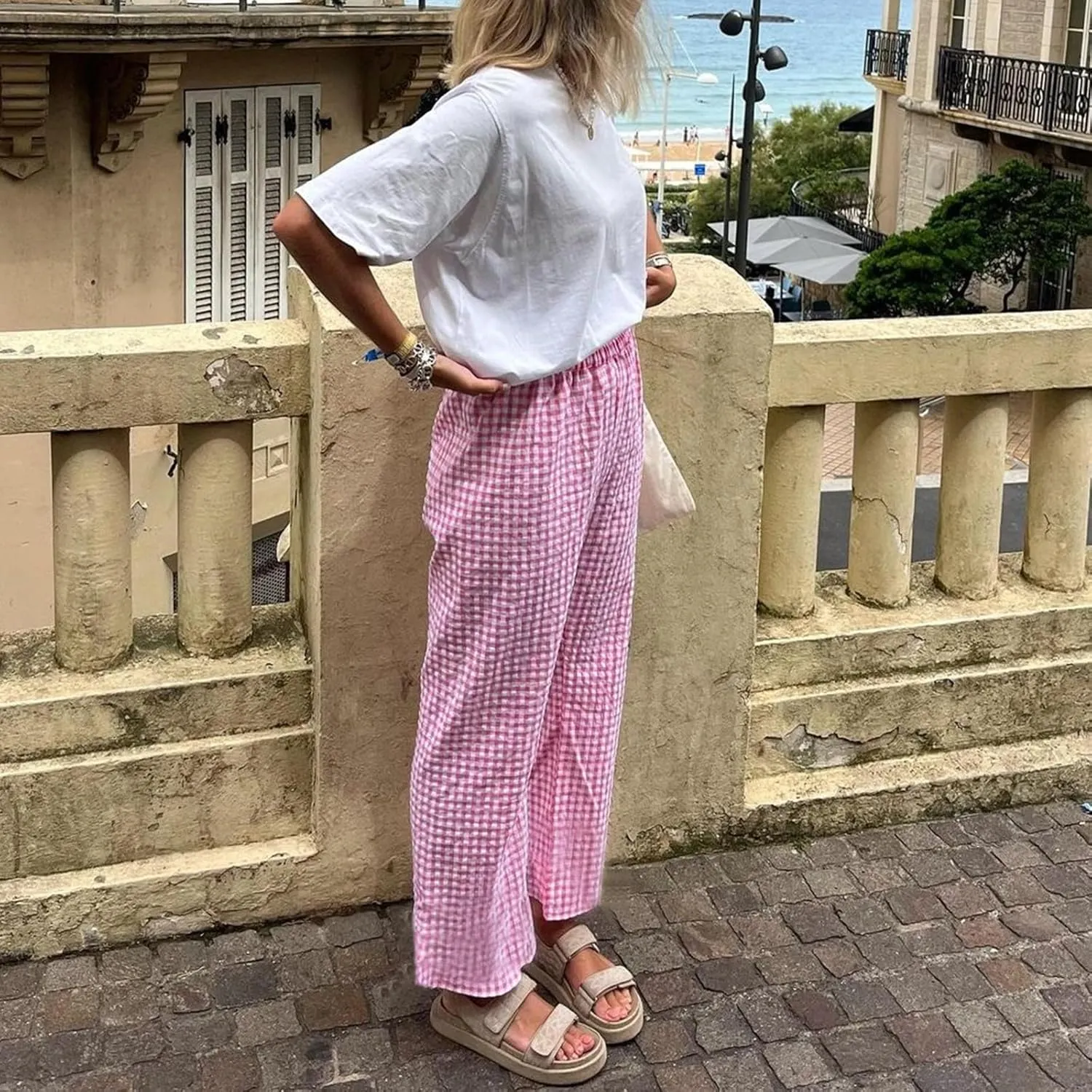 Women's Wide Leg Trousers Plaid Elastic High Waist Straight Leg Trousers for Daily Wear Long Pant Y2k Streetwear