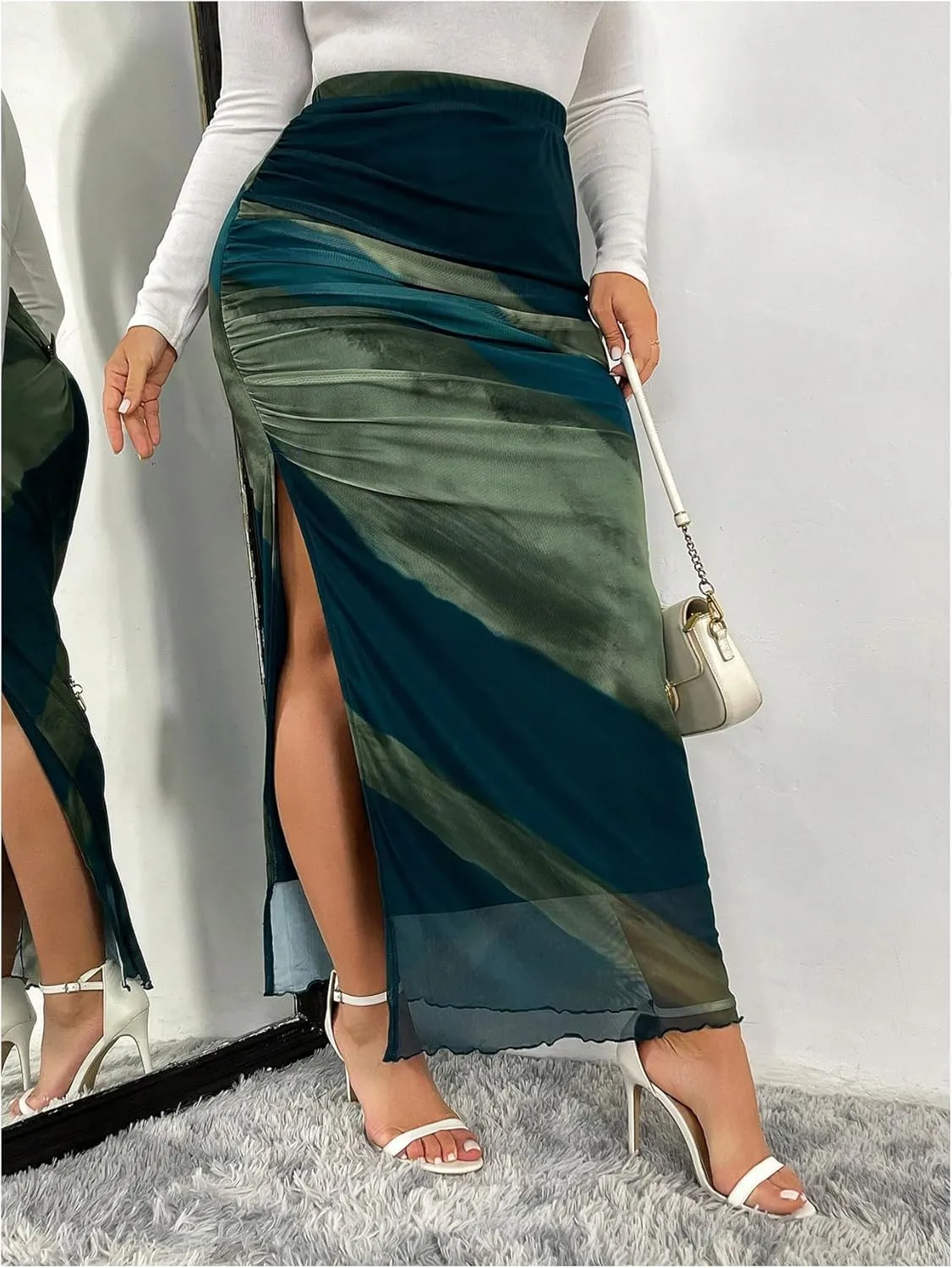 Women's Y2K Plus Size Tie Dye Maxi Skirts Split Side High Waisted Ruched Bodycon Skirt