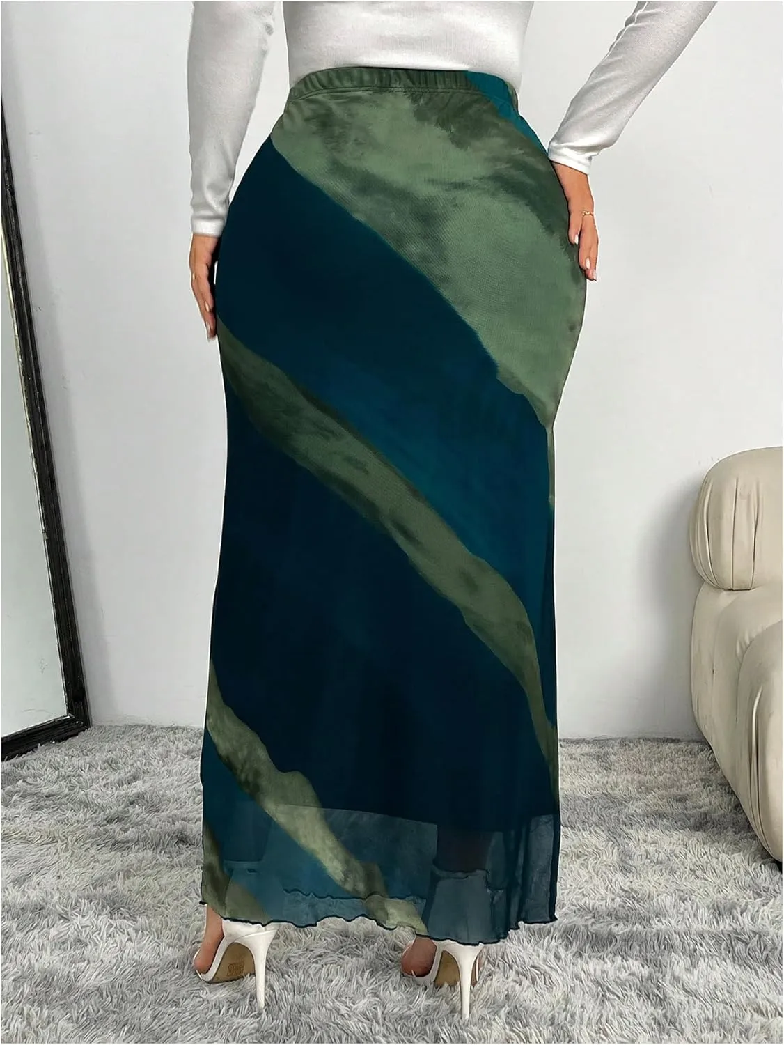 Women's Y2K Plus Size Tie Dye Maxi Skirts Split Side High Waisted Ruched Bodycon Skirt