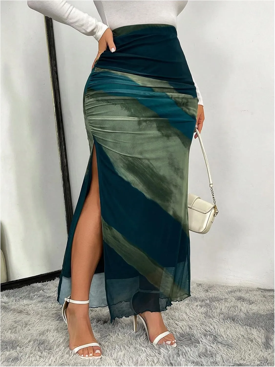 Women's Y2K Plus Size Tie Dye Maxi Skirts Split Side High Waisted Ruched Bodycon Skirt