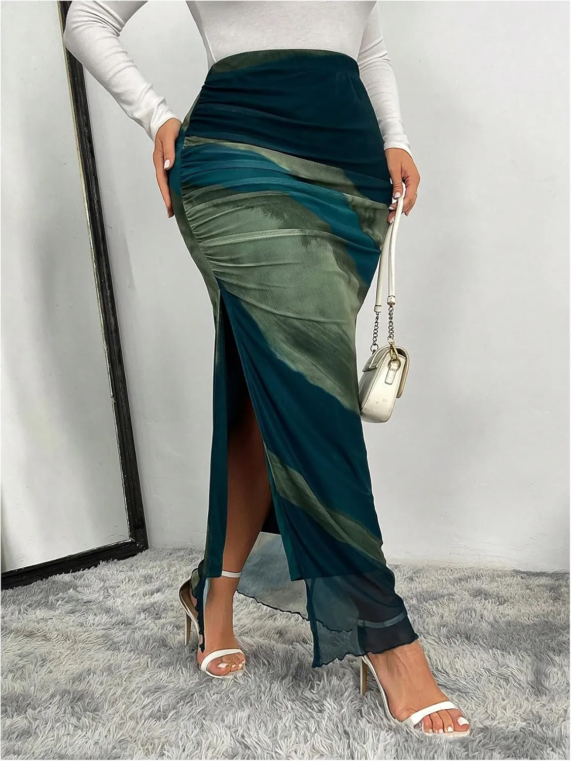 Women's Y2K Plus Size Tie Dye Maxi Skirts Split Side High Waisted Ruched Bodycon Skirt