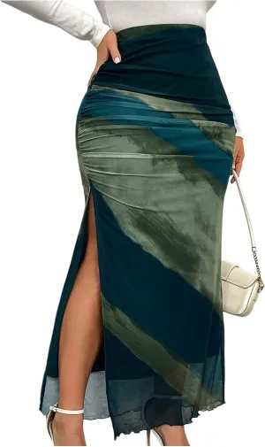 Women's Y2K Plus Size Tie Dye Maxi Skirts Split Side High Waisted Ruched Bodycon Skirt