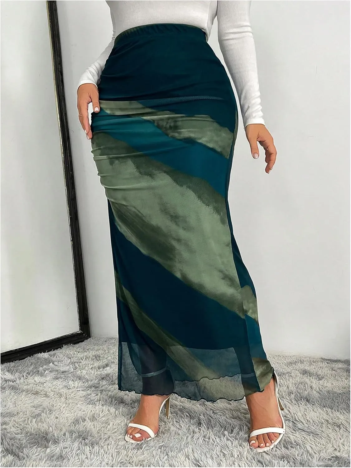 Women's Y2K Plus Size Tie Dye Maxi Skirts Split Side High Waisted Ruched Bodycon Skirt